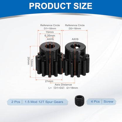 uxcell 2Pcs 1.5 Mod 12T Spur Gear 6.35mm Bore, 1045 Steel Pinion Gear Black Surface Treatment, 20° Pressure Angle, for Spur Rack and RC Model Car or Motor DIY(15mm) - size: 1.5 Mod 12T, 6.35mm x 15mm