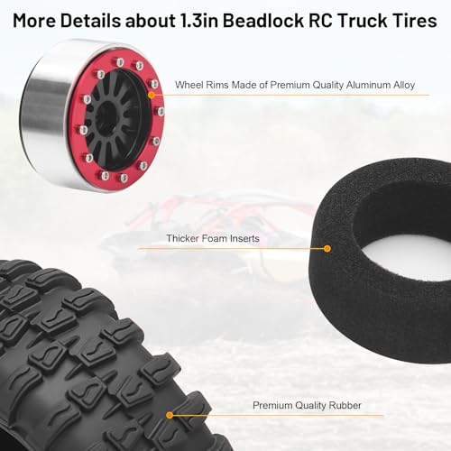 daitoku 1.3 Beadlock Wheels and Tires 1.3" RC Wheel Tires Set for 1/18 1/24 Trx4m SCX24 RC Crawler Car (4PCS) - Red - color: Red