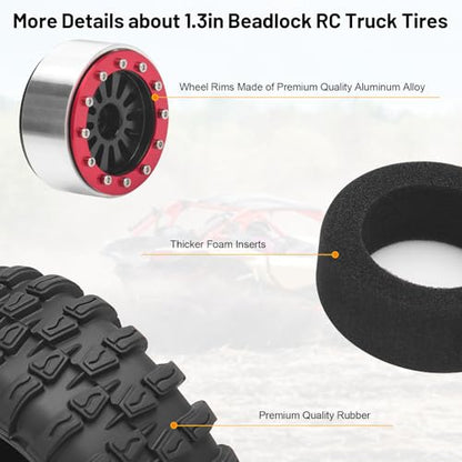 daitoku 1.3 Beadlock Wheels and Tires 1.3" RC Wheel Tires Set for 1/18 1/24 Trx4m SCX24 RC Crawler Car (4PCS) - Red - color: Red