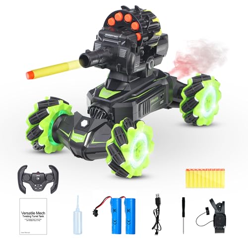 Rc Car Shoot SoftBullet,Fits for Nerf, Remote Control Hand Gesture Stunt Drift Truck, 360°Rotating Battle Tanks with Soft Bullets Water Bomb, Spray, Music, Led, Toy Gifts（Green） - color: Green