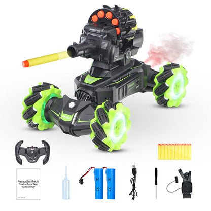 Rc Car Shoot SoftBullet,Fits for Nerf, Remote Control Hand Gesture Stunt Drift Truck, 360°Rotating Battle Tanks with Soft Bullets Water Bomb, Spray, Music, Led, Toy Gifts（Green） - color: Green