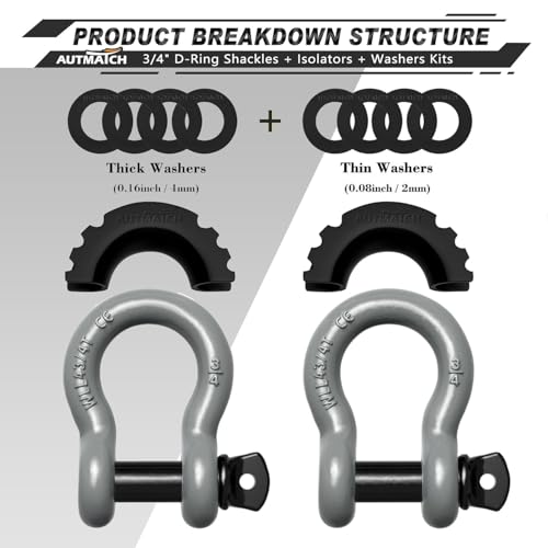 AUTMATCH 3/4" D Ring Shackles (2-Pack) - 41,887 lbs Break Strength | Heavy Duty Clevis Shackle with 7/8" Pin & Isolator Washer Kit for Tow Strap, Winch, Towing & Off-Road Vehicle Recovery, Gray - color: Gray & Black