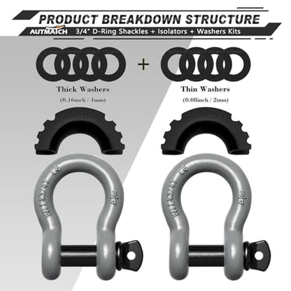 AUTMATCH 3/4" D Ring Shackles (2-Pack) - 41,887 lbs Break Strength | Heavy Duty Clevis Shackle with 7/8" Pin & Isolator Washer Kit for Tow Strap, Winch, Towing & Off-Road Vehicle Recovery, Gray - color: Gray & Black