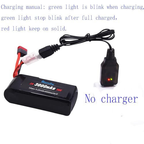 Blomiky 2 Pack 7.4V 2S 3000mAh Shorty T Plug Lipo Battery Pack with XT60 Converter Suitable for Wltoys 124019 144001 and Hyper Go H14BM 14211 14210 RC Trucks / 7.4V 3000mAh T