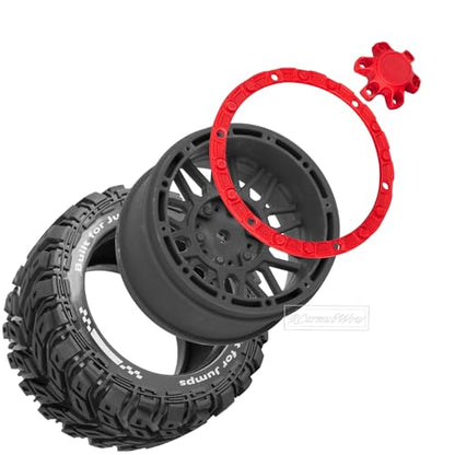 RC Wheels and Tires for 1/16 Scale,RCarmubWow Plastic Rim Rubber Tires for 1/16 Summit E-Revo Gorgon Grom,Mini Kraton 3S, M-J-X16207-16210, H-B-X16889 16890,S-C-Y16101-16106 RC Truck,Black&Red