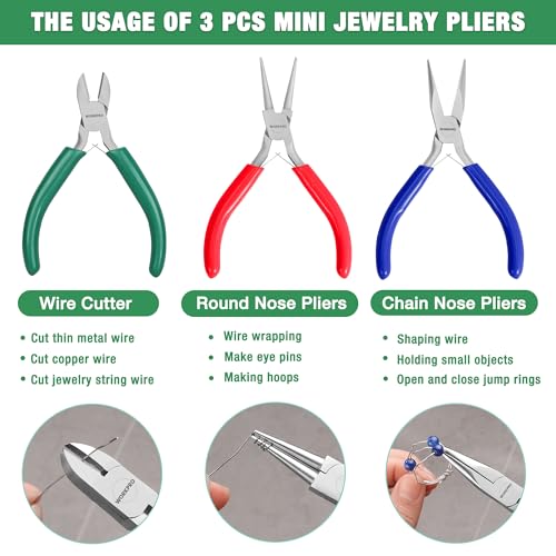 WORKPRO Jewelry Pliers Set, 3 Pack Jewelry Making Tool Kit | Needle Nose Plier/Chain Nose Plier, Round Nose Plier and Wire Cutter for Charm Bracelet, Jewelry Repair, DIY Crafts - color: Dark Blue, Dark Green, Red