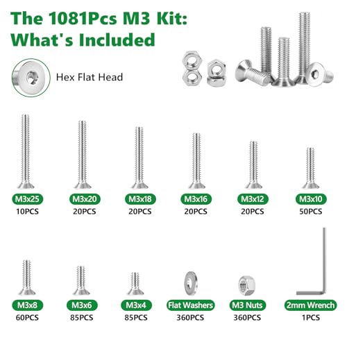 1081 Pcs M3 Flat Head Screws Nuts Washers Wrench Kit, 304 SS | with Washers & Wrench,for 3D Printing, PC Repair & DIY, M3 x 4/6/8/10/12/16/18/20/25mm,Clear Label Storage Box - size: SS M3 1081pcs 1