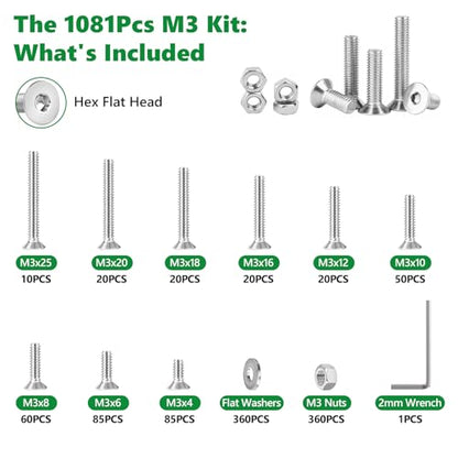 1081 Pcs M3 Flat Head Screws Nuts Washers Wrench Kit, 304 SS | with Washers & Wrench,for 3D Printing, PC Repair & DIY, M3 x 4/6/8/10/12/16/18/20/25mm,Clear Label Storage Box - size: SS M3 1081pcs 1