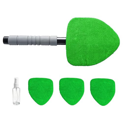 Windshield Cleaning Tool, Auto Window Cleaning Kit with 4 Reusable Microfiber Pads & Extendable Handle, Portable Windshield Cleaner Rotating Head Glass Wiper for Most Cars (Green) - color: Green