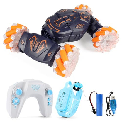 GoolRC Remote Control Car, Gesture Sensing RC Stunt Car with Spray & Lights & Music, 2.4GHz 4WD RC Cars with 360° Rotating, 3 Control Mode Toy Vehicle for Adults (Orange)