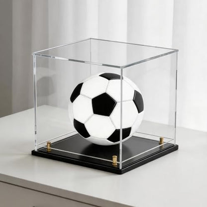 Acrylic Display Case with Raised Shelf & Ball Holder, Clear Display Box with Black Base & Gold Standoffs, Dustproof Showcase for Fullsize Football Soccer Volleyball – Easy Assembly (10×10×10 Inch) - size: 10"L x 10"W x 10"H (with Ball Position)