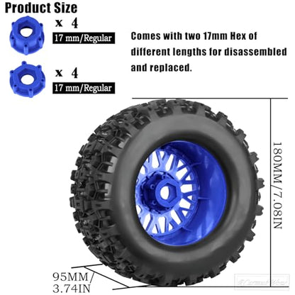 1/8 1/10 17mm Hex RC Truck Tires,Wheels and Tires for 1/10 E-Revo T-Maxx Summit,1/8 Kraton Outcast 6S,Sledge,Buggy Rubber Tyres and Rims w/Foam Insert for RC Off-Road Car,Navy Blue-Red - color: Navy Blue&red(4pcs)