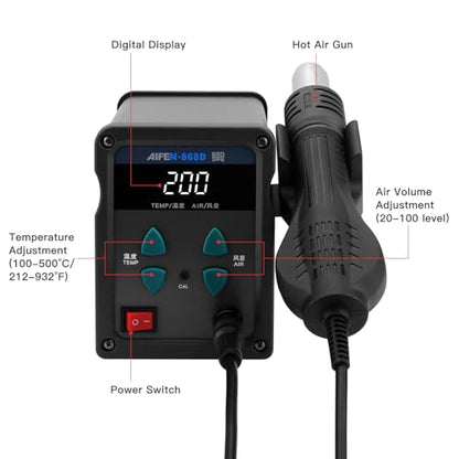 868D Hot Air Rework Station 700W Digital Display High Power with 7 Hot Air Nozzles Adjustable temperature and Air Volume, Automatic Sleep Function