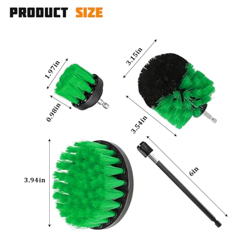 4PCS Drill Brush Attachment Kit with Extension Rod, Green | PP bristles with steel shafts, three brush sizes, quick-change extension rod, follows curved surfaces, compact storage - color: Green