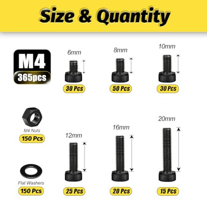 Kadrick M4 Screws Kit 365PCS, Optimized Socket Head Cap Screws Assortment with Higher Screw Ratio, Class 12.9 Alloy Steel, Black Zinc Plated M4 Bolts for Mechanical, Repair & DIY Use - size: M4 365Pcs New