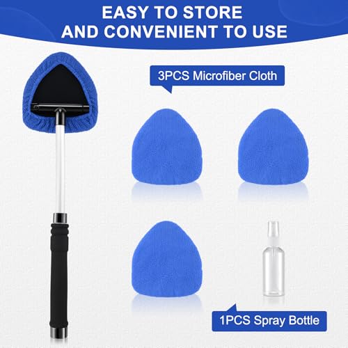 JUSTTOP Windshield Cleaner Tool, Car Interior&Exterior Window Cleaning Tool with Extendable Handle & 4 Reusable Microfiber Pads, Auto Glass Wiper Brush Kit for Cars (Blue) - color: Blue
