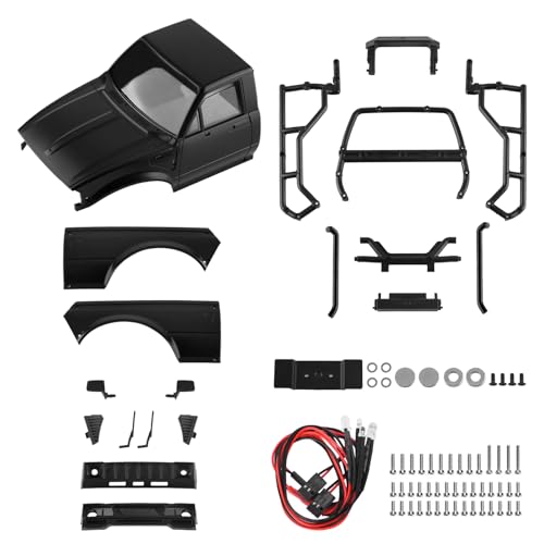 Hard Pickup Body Shell with Bed Rack for 1/24 SCX24 RC Crawler | With dual interchangeable grilles, magnetic flip-up design easy maintenance - color: Black
