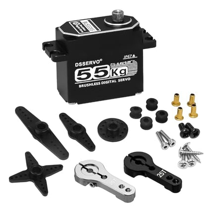 55kg RC Digital Servo with 2PCS 25T Servo Horn All Metal IP67 Waterproof Brushless Servo High Torque Fast Steering Servo for 1/8 1/10 1/12 RC Car, 270° - size: 55kg, 270°
