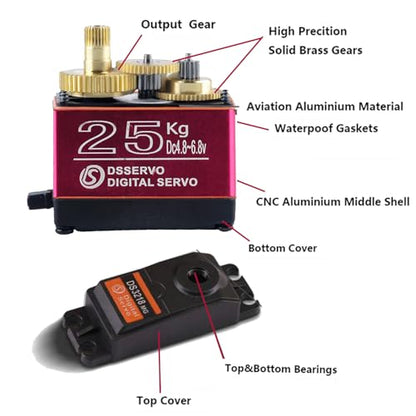 25kg Digital RC Servo High Torque Servo Motor Full Metal Gear Steering Servo DS3225MG for DIY RC Model 1/8 1/10 Baja Cars Robot Boats, Control Angle 180° (Pack of 2) - style: 2PCS 25KG DS3225 - 180°