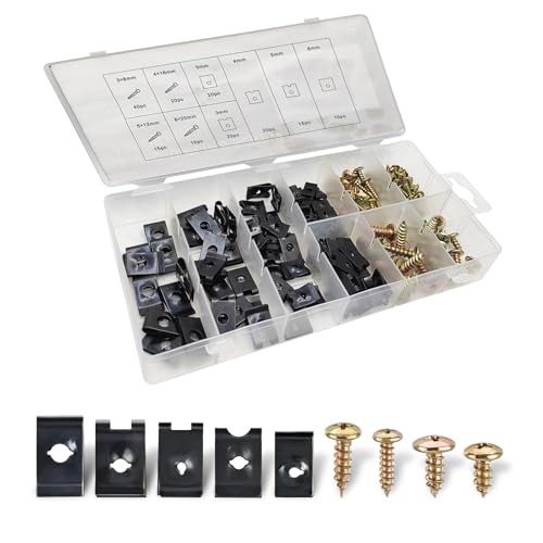 170PCS Car U Clips and Screws Kit, Auto Body Fasteners | Zinc Plated Metal Retainer Clips, U Speed Nuts and Screw Clip for Fender, Radiator Shield, Engine Cover Replacement Parts