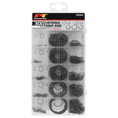 Performance Tool W5254 300-Piece Internal Snap Ring Assortment Kit | Spring steel retaining rings with black oxide finish. 18 sizes from 1/8 to 1-1/4 inch. Organized storage case - size: 300 pc. Internal Snap Ring