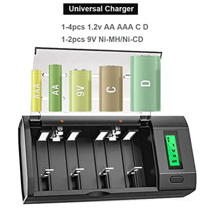 4 Counts Rechargeable D Batteries with Charger for AA/AAA/C/D/9V Battery | Universal Charger for Ni-MH/Ni-CD Battery, High Capacity&Low Self-discharge Cell, AC Power Code Cable&Car Adapter