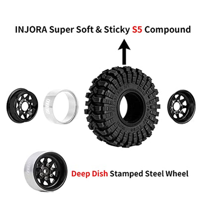 INJORA 1.0 Beadlock Wheel Tires Set -3.78mm Offset for 1/18 1/24 RC, Black - color: Black