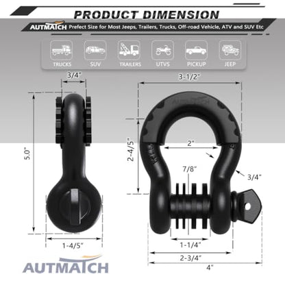AUTMATCH 3/4" D Ring Shackles (2-Pack) - 41,887 lbs Break Strength | Clevis Shackle with 7/8" Pin & Isolator Washer Kit for Tow Strap, Winch, Towing & Off-Road Vehicle Recovery, Frosted Black - color: Frosted Black