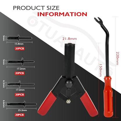 OTUAYAUTO 82Pcs Plastic Rivet Gun Set | 80Pcs 4 Sizes Nylon Blind Rivets and 2Pcs Bonus Fastener Removal Tool, Hand Riveter Suitable for Automotive - size: 80Pcs 4 Sizes Clips with 2 Remover