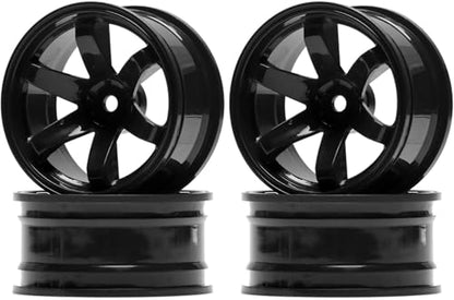 4PCS 75mm Rubber Tires and 6Spokes Plastic Wheel Rims Tyre for 1/10 RC On-Road Drift Racing Car 1:14 1:16 Rally Car for Tamiya Kyosho HPI HSP TT02 Upgrades Parts (Black) - color: Black