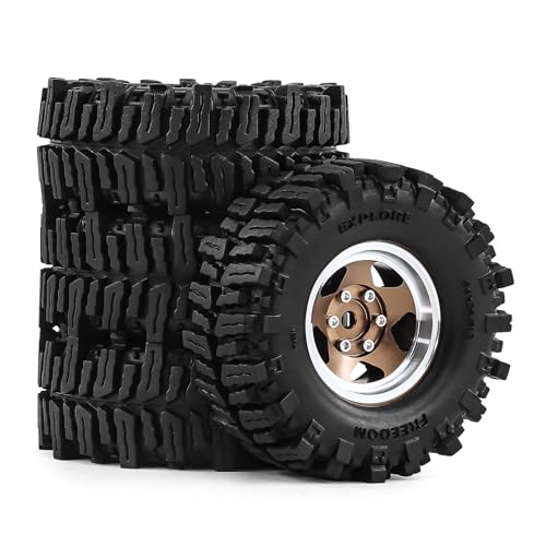 1.3" Beadlock Wheels and Tires 64mm (2.52in) for SCX24 TRX4M 1/18 1/24 RC Crawlers – Aluminum Rims, Soft Rubber Tires with Foam Inserts, Easy-Install Upgrade Parts (Bronze 205) - color: Bronze 205