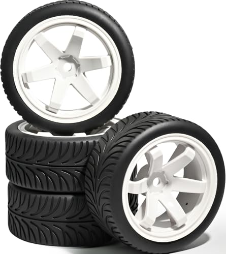 OD 2.55" On Road Rubber Tires Plastic Wheel Rims 12mm Hex for 1/10 RC Car | Compatible with MJX HSP Tamiya HPI Kyosho Traxxas Sakura Redcat WLtoys 1/10 RC On-Road Racing Touring Car (4pcs, White) - style: E-White