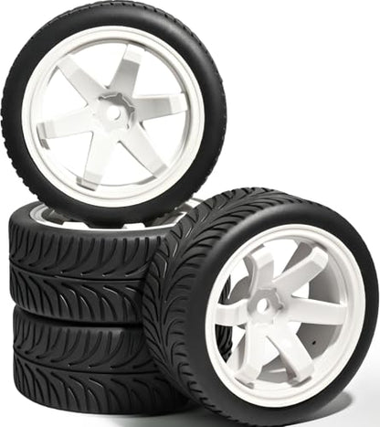 OD 2.55" On Road Rubber Tires Plastic Wheel Rims 12mm Hex for 1/10 RC Car | Compatible with MJX HSP Tamiya HPI Kyosho Traxxas Sakura Redcat WLtoys 1/10 RC On-Road Racing Touring Car (4pcs, White) - style: E-White