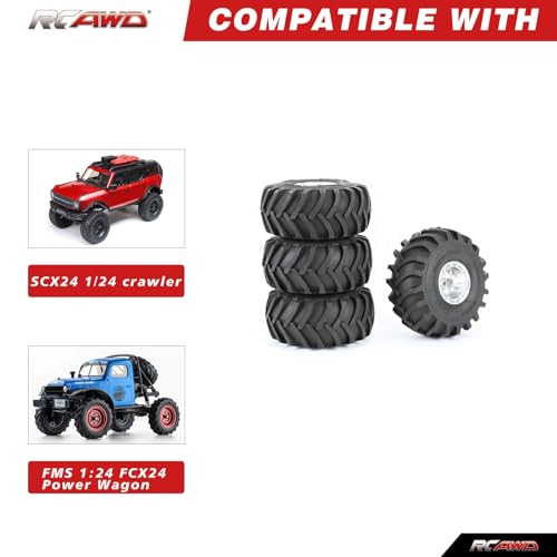 RCAWD 71.6g*4pcs SCX24 & FCX24 Brass Weighted & Bigger Wheels & Tires 1.0 Beadlock Upgrades, 68 * 33mm, 7mm Hex Adapter Parts 1/24 RC Crawlers Silver