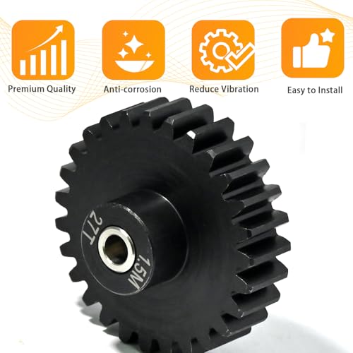 M1.5 27T Pinion Gear 8mm Bore with 8mm to 5mm Shaft Adapter Sleeve, Chromium Steel Motor Gear with Set Screw & Hex Key for Traxxas ARRMA Losi 1/5 1/8 RC Cars - size: 27T