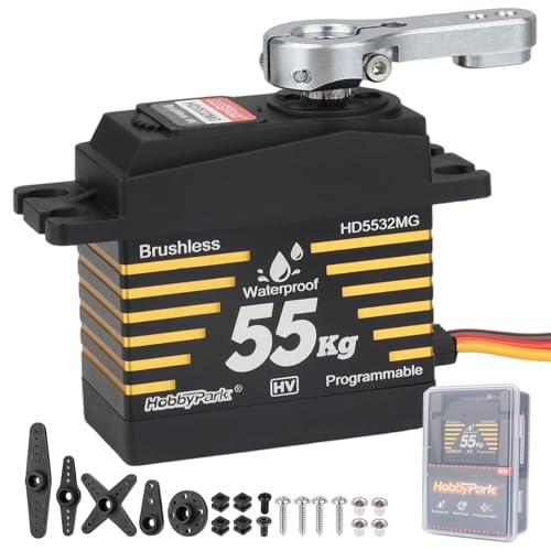 HobbyPark Waterproof 55kg Servos Brushless Motor High Torque RC Steering Servo Fast Speed Standard Size HV Stainless Steel Metal Gears for 1/8 1/10 RC Crawler Car Truck Buggy 180° Programmable