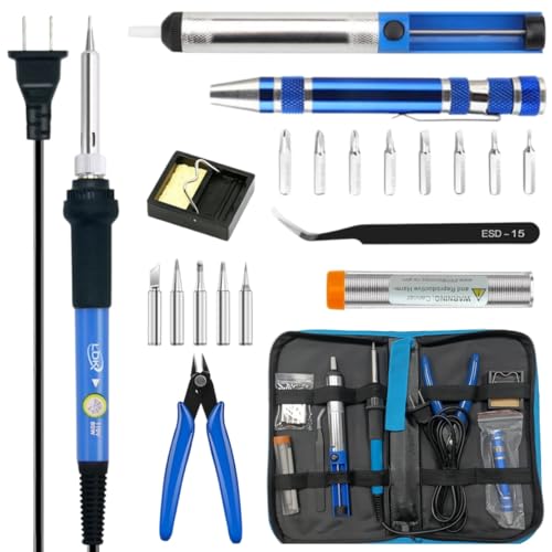 LDK Electric Soldering Iron Kit 60W, Adjustable Temperature Welding Tools | with 5pcs Tips, Desoldering Pump, Stand, Tweezers, Solder Tube, Screwdriver, Cutter and Carry Bag for Repaired Usage - color: Black