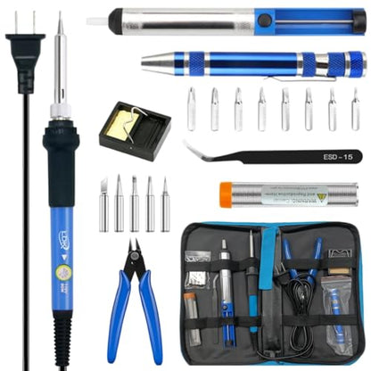 LDK Electric Soldering Iron Kit 60W, Adjustable Temperature Welding Tools | with 5pcs Tips, Desoldering Pump, Stand, Tweezers, Solder Tube, Screwdriver, Cutter and Carry Bag for Repaired Usage - color: Black