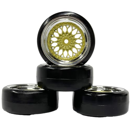 4PCS 1/10 RC Drift Car Tires Smooth Hard Tyre Plastic Plating Wheel Rims Set Replacement for HSP Tamiya HPI Kyosho On-Road Drifting Car (Gold Silver) - color: Gold Silver