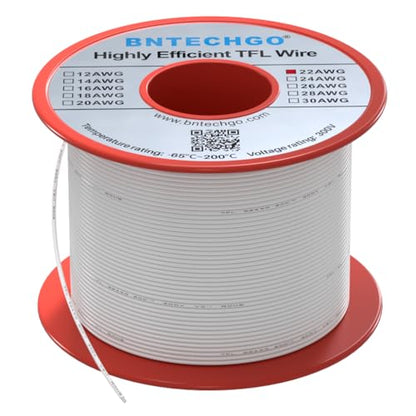 BNTECHGO 22AWG FEP Teflon Coated Wire White 100ft Tin-Plated Copper | 22 Gauge Strands Wire High-Temp FEP Insulation, -65°C to 200°C Rated, Aerospace Wiring, Medical Wiring, Scientific Equipment - size: 100ft White