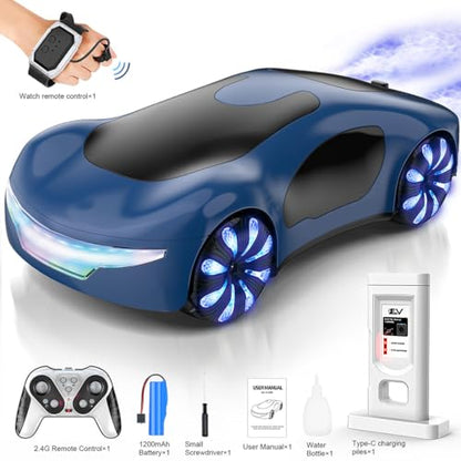 2.4G Gesture Sensing RC Stunt Car, LED Drift Racing Car with Spray Boost, USB Charging Station & Music Effects – 360° Flip Toy Gift (Handle+Watch RC Version) - color: Blue