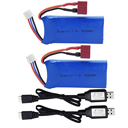 Blomiky 2 Pack 7.4V 1500mAh 40C Lipo 11.1Wh Rechargeable Battery T Plug and USB Cable Suitable for 9005E 300E 302E 9155 9156 and WLtoys A979-B 12428 4WD RC Trucks /12428 Battery 2 Pack