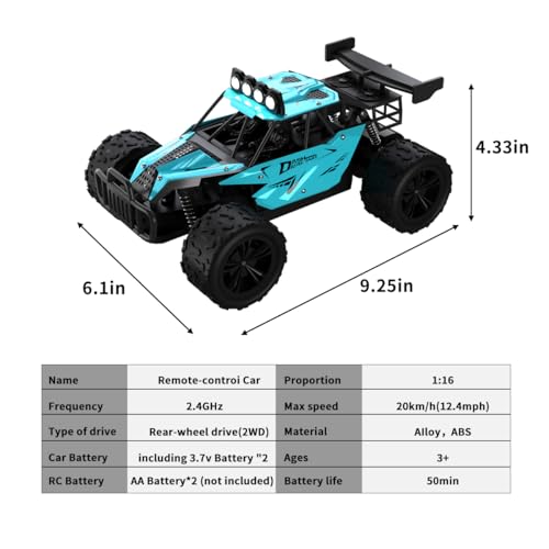 Remote Control Car Monster Truck Toys 1:16 Scale RC Car For Boys 2.4GHz High Speed 20 km/h With LED Headlights,Rechargeable RC Cars Gifts for Boys 4-7 8-12 Christmas, Beginner, Kids 6-12+ (Cyan) - color: Cyan