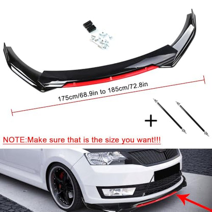 Universal Car Front Bumper Lip Spoiler Body Kits + 29" Side Skirt Extension Rocker Panel Body Kit + Auto Rear Bumper Lip Diffuser (69''-73'' Black&Red) - color: 69"-73" Black & Red
