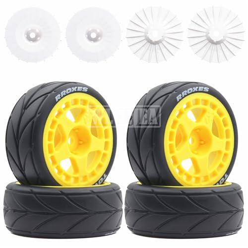 4PCS RC 1/10 On-Road Tires 65mm RC Rubber Tires w/Plastic Wheel Rim 12mm Hex Fit for 1/10 RC On-Road Rally Car HPI Tamiya TT01 TT02 Kyosho Wltoys 144001 - color: Yellow 1