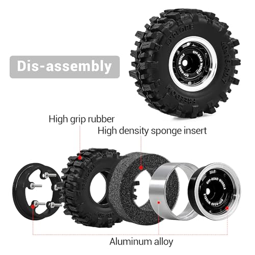 0.7" Aluminum Beadlock Wheels and Tires Set for 1/30 Axial SCX30 RC Crawler – Upgrade Parts (Black-296) - color: Black-296