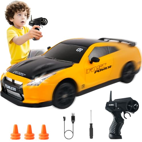 SANCO 1:24 RC Drift Car with LED Lights, 2.4GHz Remote Control Car, Includes 2 Batteries & 2 Sets of Tires for Racing & Drifting, Electric Hobby Racing Toy for Adults, Boys & Kids(Yellow)
