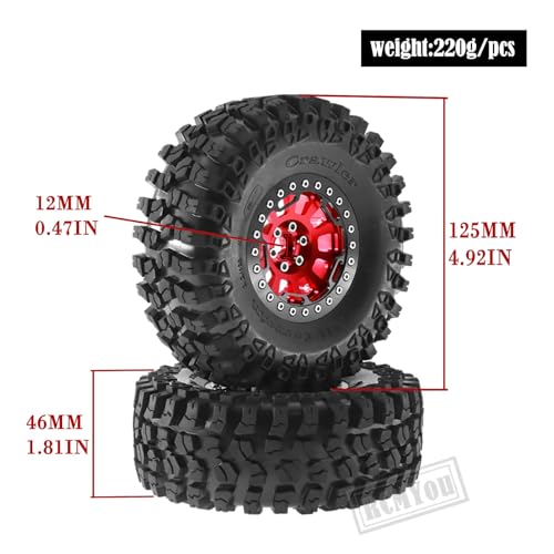 Rc 2.2 Inch Wheel Rims & Tires Wheels for 1/10 SCX10 SCX10 II 90046 SCX10 III AXI03007 TRX4 TRX6 D90 VS4-10 Gen8 MST CFX,RC Crawler Car 4pcs Aluminum RC 2.2 Beadlock Wheel,Red - color: Red - Scx10