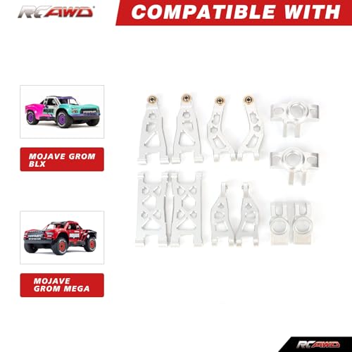RCAWD for Losi n & ARRMA Mojave Grom Suspension Arms & Steering Set for 1/16 Desert Truck & 1/12 On-Road Upgrade, Steering Spindle & Rear Hub Carrier & Front Rear A-Arms Silver - color: Silver