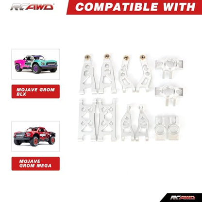 RCAWD for Losi n & ARRMA Mojave Grom Suspension Arms & Steering Set for 1/16 Desert Truck & 1/12 On-Road Upgrade, Steering Spindle & Rear Hub Carrier & Front Rear A-Arms Silver - color: Silver